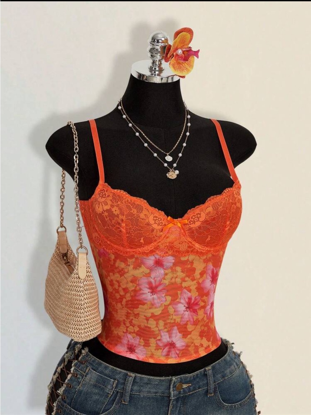 SHEIN Orange Floral Lace-Trim Cami